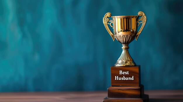 A trophy labeled Best Husband on a wooden surface