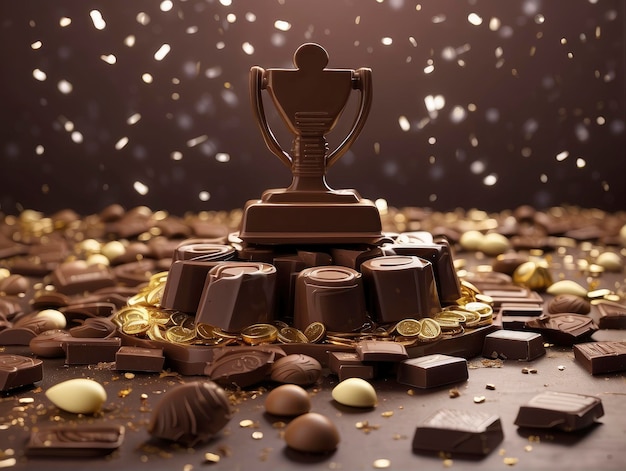 a trophy surrounded by chocolate pieces and gold confetti pieces on a table