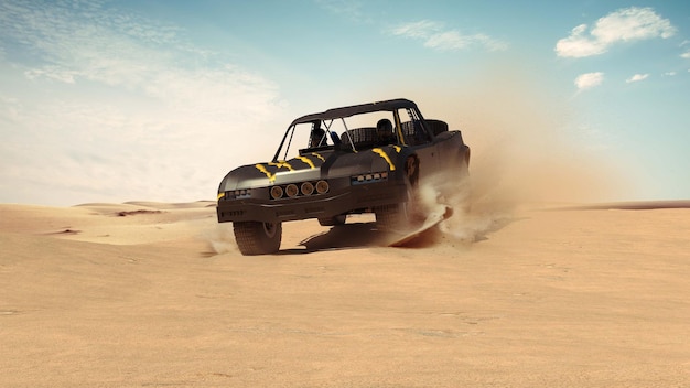 Photo trophy truck in desert render 3d illustration
