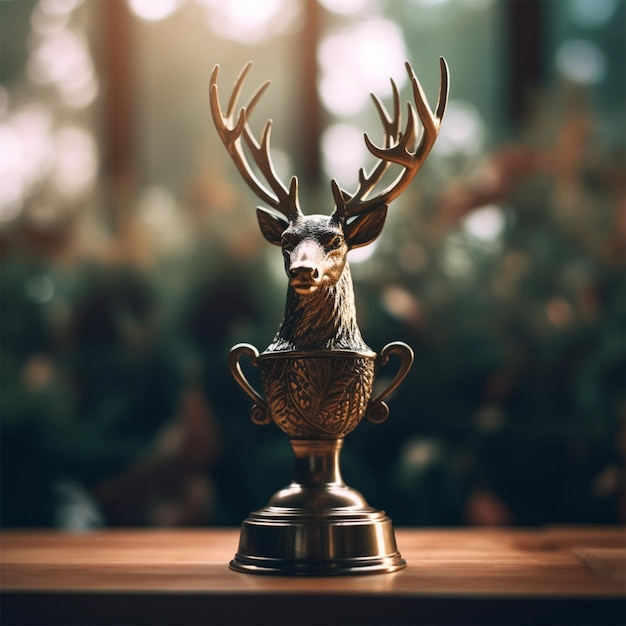 Photo a trophy with a deer head on it is on a table.