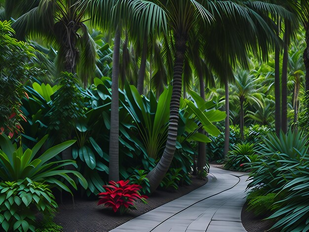 Foto giardino botanico tropicale all'interno con varietà di alberi esotici di generazione ai