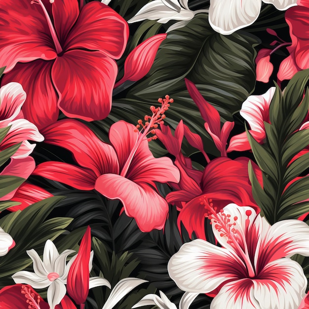 Tropic painting floral wallpaper red and pink hibiscus plumeria and palm banana leaf