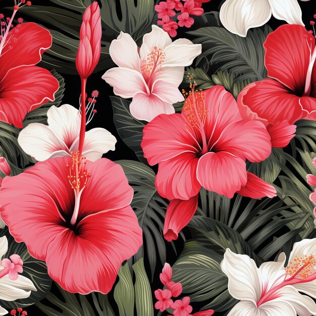 Tropic painting floral wallpaper Red and pink hibiscus plumeria and palm banana leaf