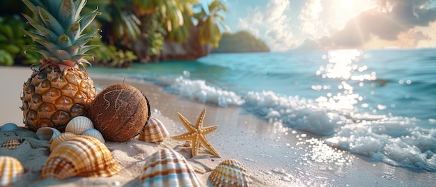 Tropic paradise landscape summer tourism and beach vacation concept with pineapple coconuts and seashells on crystal blue background