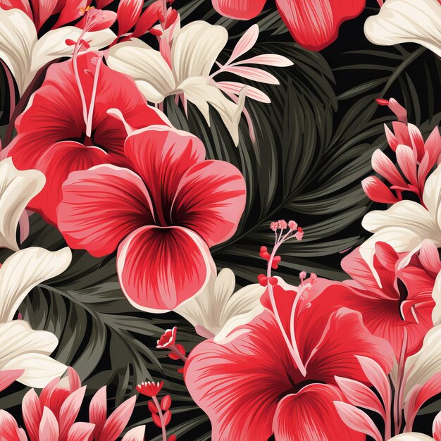 Tropic schilderij bloemenbehang Rode en roze hibiscus plumeria en palmbananenblad