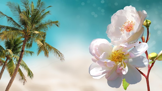 tropica flowers and plant palm leaves on beach ,blue sky ,holyday