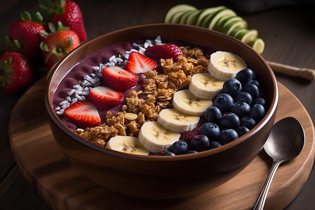 Tropical acai Colorful bowl with fresh fruit and tempting syrup generative IA