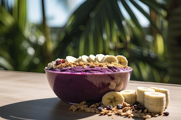 Tropical acai Filled bowl fresh juice and palm trees generative IA