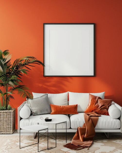 불타는 오렌지색 벽 과  빈 모형 프레임 을 가진 거실 에서 열대적 인 분위기 가 살아난다