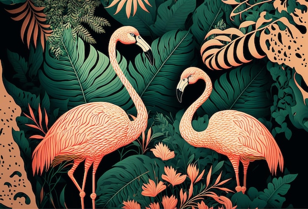 Tropical art nouveu art deco print design with leaves and flamingo Generative ai