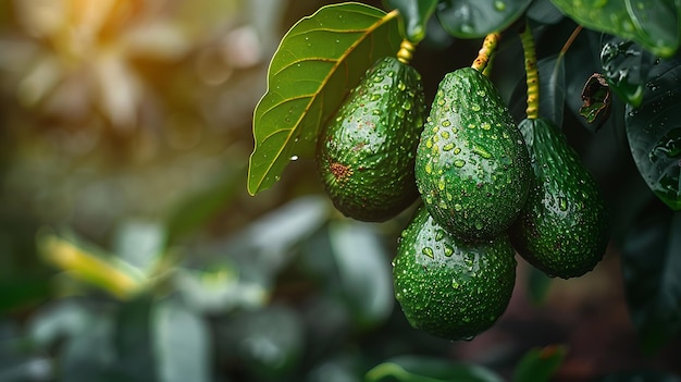 In a tropical avocado garden healthy green avocado fruits are strung from lovely green trees as the sun shimmers through greenery and space Generative AI