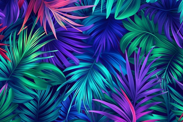 Тропический фон, экзотические свежие зеленые летние пальмовые листья и растения в ярких красочных неоновых тонах