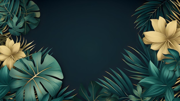Tropical background monstera leaves and flowers