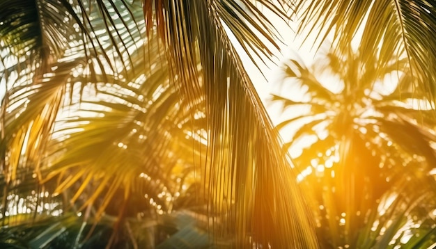 Tropical background sunset coconut palm leaves closeup nature view of palm leaves background