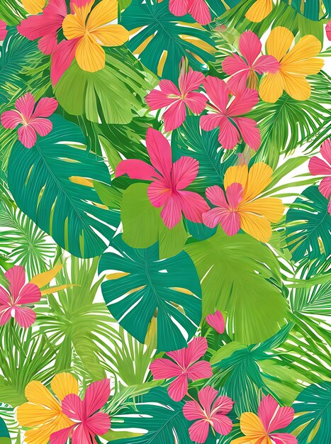 Tropical background with cocktails fruits and flowers