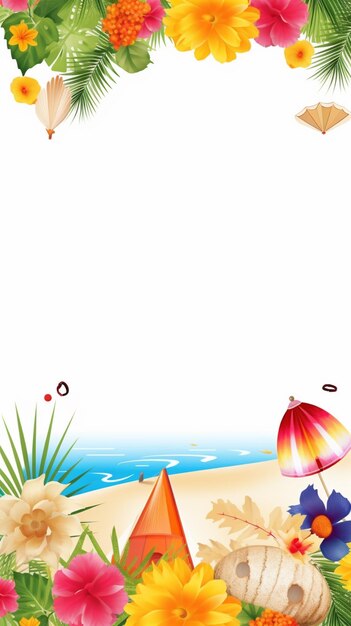 Photo tropical background with flowers and beach umbrellas generative ai