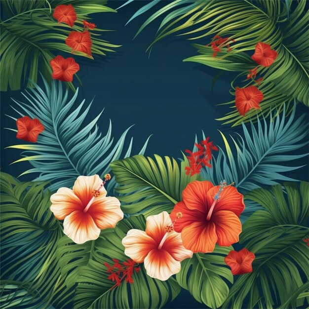 Tropical background with flowers and palm leaves Vector illustration