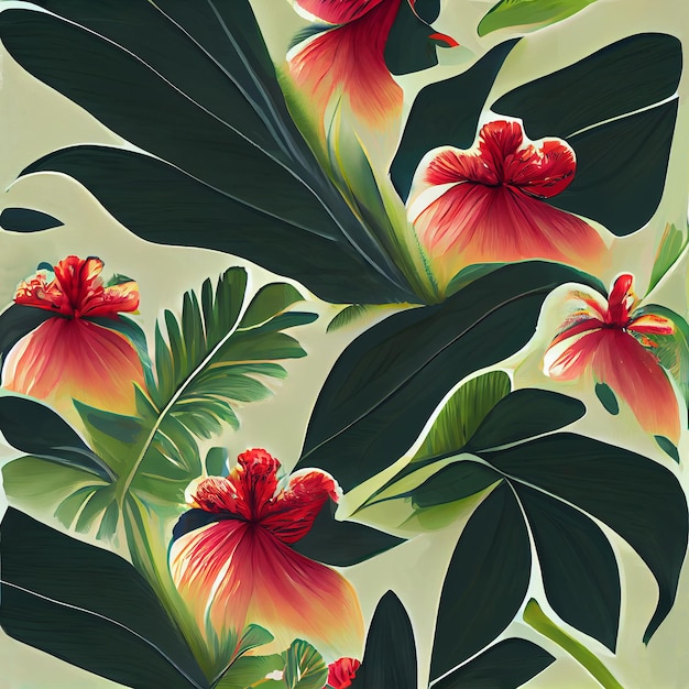 Tropical background with large green leaves and red large flowers