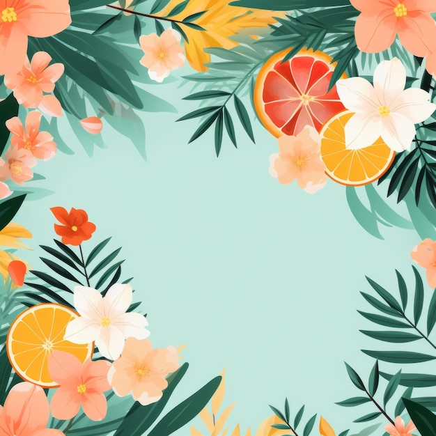 tropical background with orange lemon and palm leaves