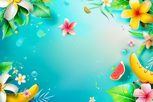 Tropical background with palm leaves and flowers fruits copy space