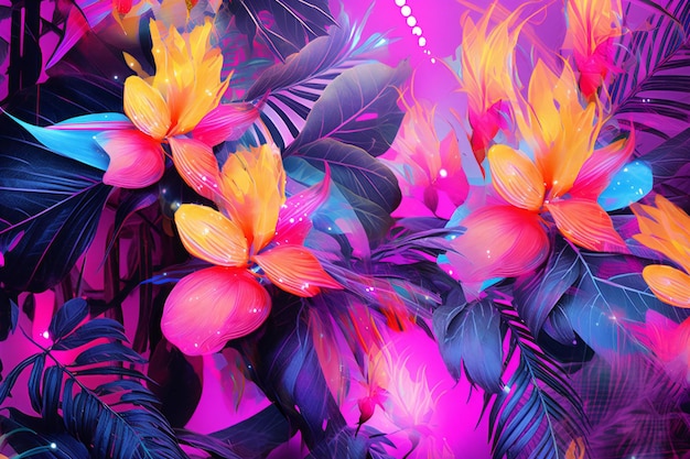 Tropical background with palm leaves and flowers