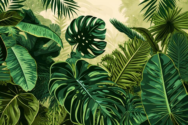 Tropical background with palm trees and monstera leaves