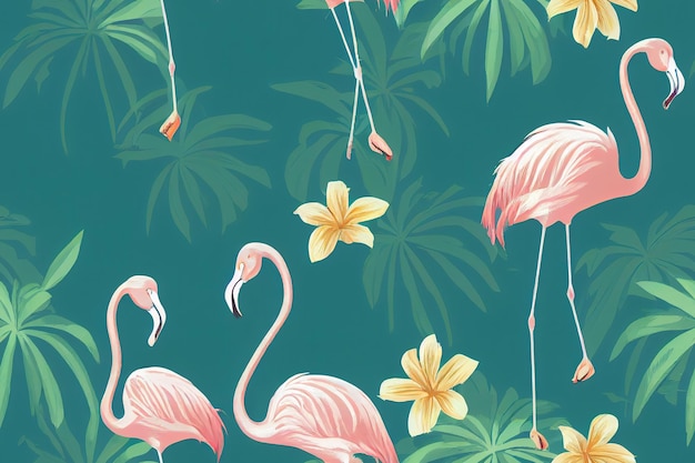 Tropical background with pink flamingos seamless tropical\
pattern