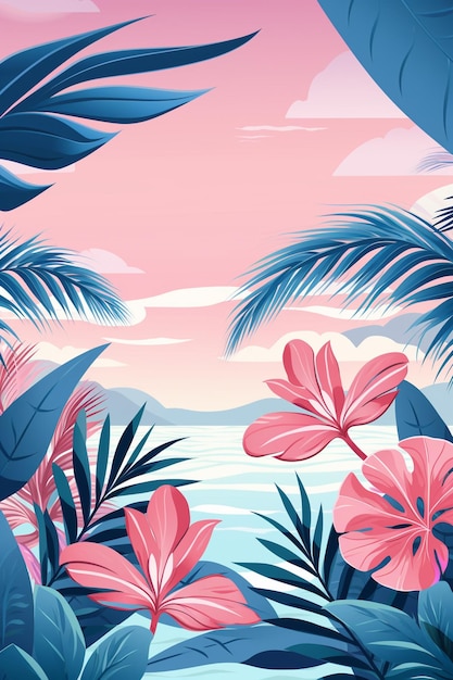 Photo tropical background with pink flowers and palm trees generative ai