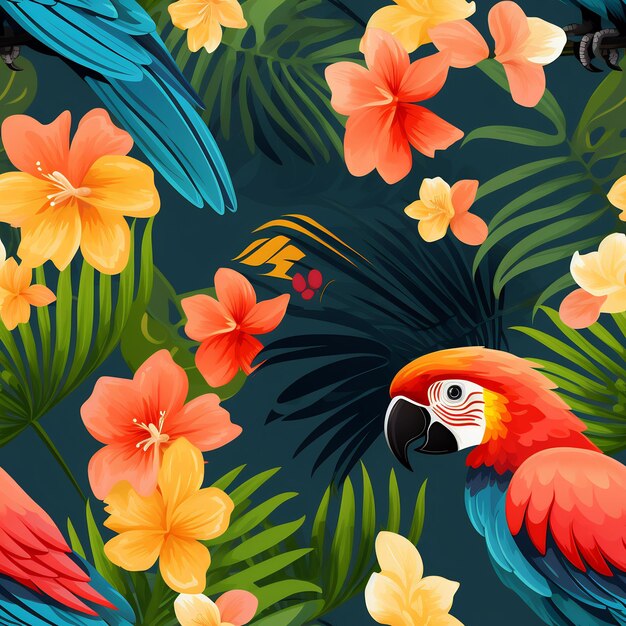 a tropical background with tropical flowers and a parrot