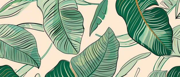 Tropical banana leaf design wallpaper design in line art pattern Hand drawn botanical leaves design illustration for prints wall arts and wallpaper