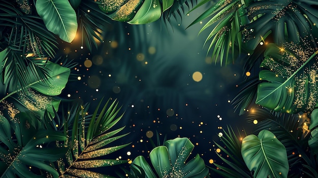 Foto banner tropicale arrangiato con exotiche e dorate piante