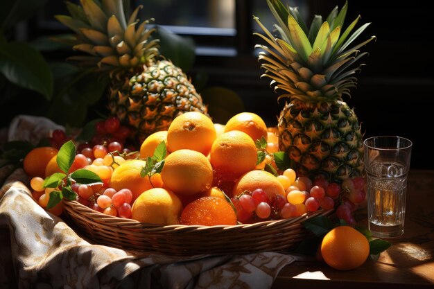 Tropical basket with mango pineapple and cashew generative IA