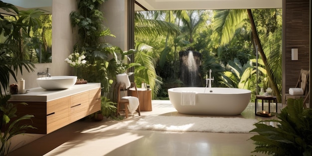 Tropical bathroom Beautiful modern bathroom High quality photo Generative AI