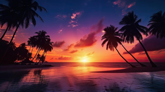 Tropical beach adorned by palm tree silhouettes during a magical sunset