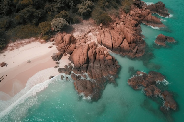 Tropical beach as seen from above Beautiful blue Sea with lush green trees Generative AI