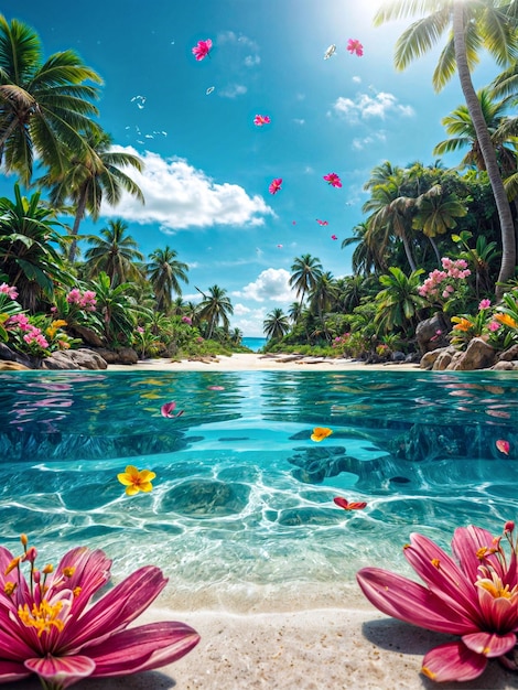 Tropical beach background with clear blue water flowers and leaves floating in waterGenerative AI