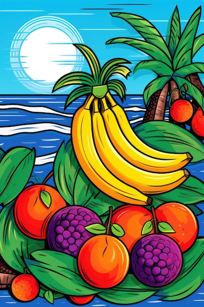 Tropical beach background with palm trees and exotic fruits