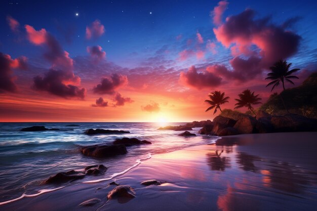 Photo tropical beach at beautiful sunset with palm trees and rocks