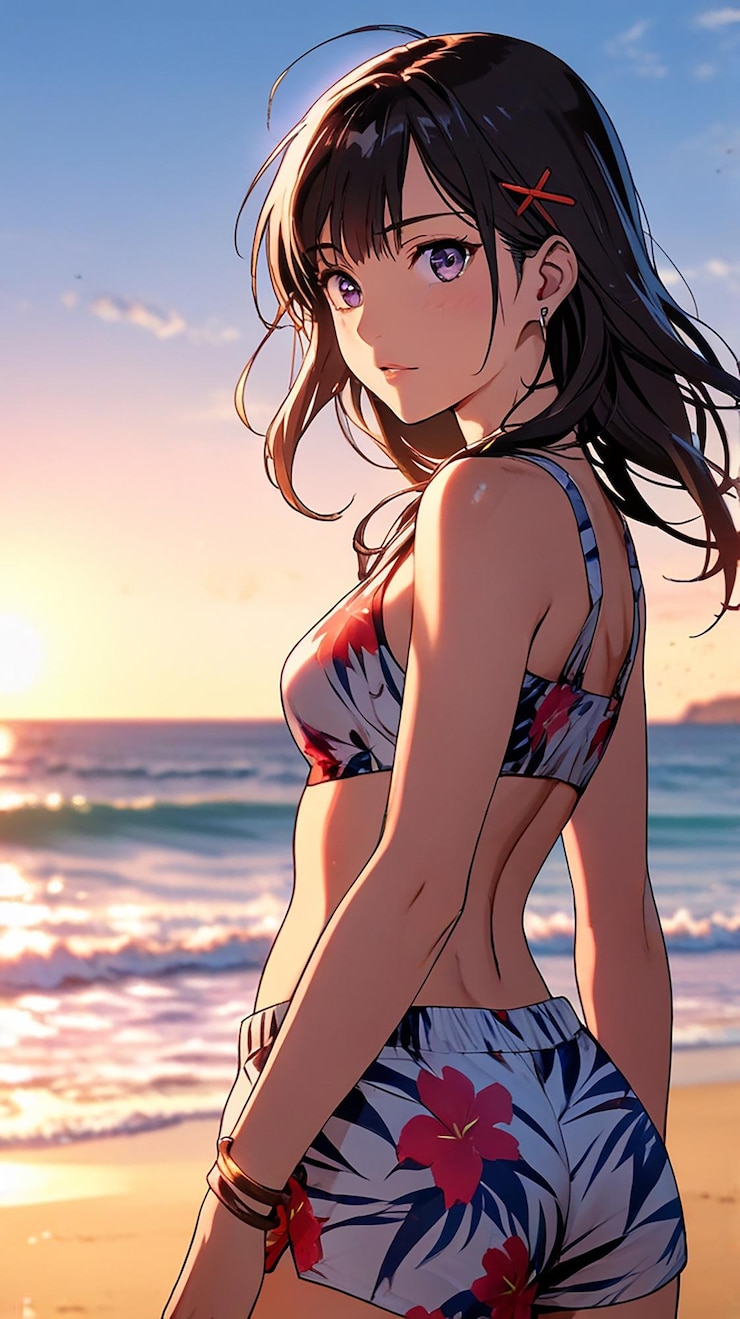 Photo tropical beach beauty anime girl in floral swimsuit generative ai