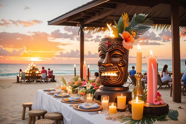 A tropical beach birthday party with tiki torches a bonfire and a stunning sunset as the backdrop for a night of celebration