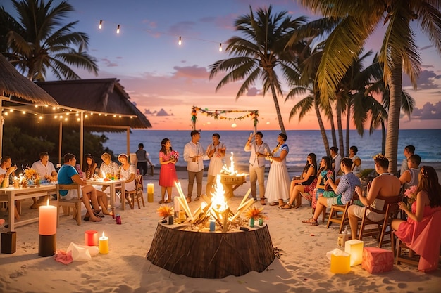 A tropical beach birthday party with tiki torches a bonfire and a stunning sunset as the backdrop for a night of celebration