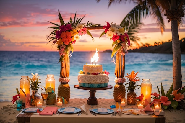 Вечеринка по случаю дня рождения на тропическом пляже с тики-факелами, костром и потрясающим закатом в качестве фона для празднования.