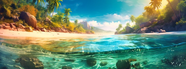 Tropical beach under blue sky with white water and palm trees