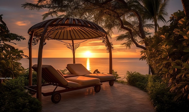 Tropical beach chairs under canopy at sunset