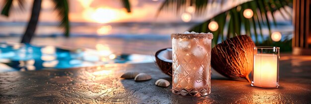 Foto scena di cocktail tropicale sulla spiaggia bevanda rinfrescante con vista sull'oceano vibe di vacanza estiva