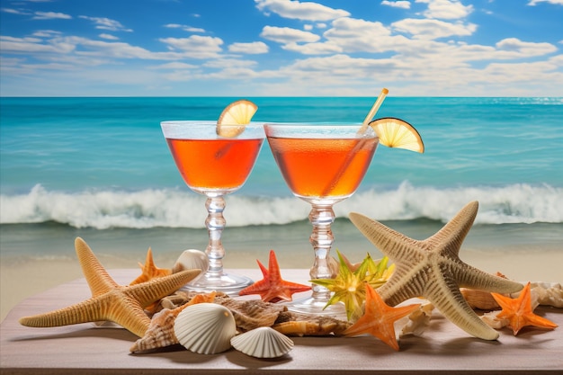 Tropical Beach Cocktail with Shells and Starfish Refreshing Summer Drink