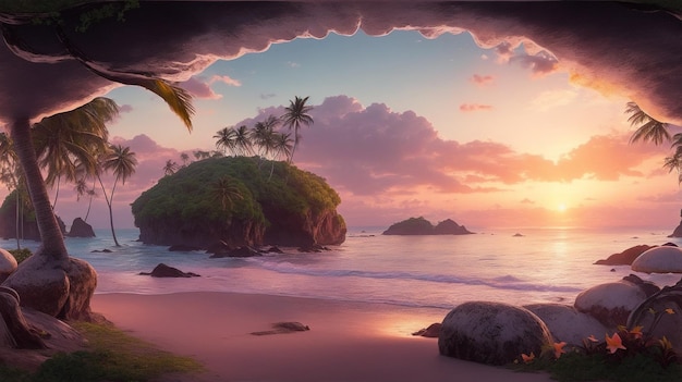 Tropical beach in the evening with pink sky outside a cave by Generative AI