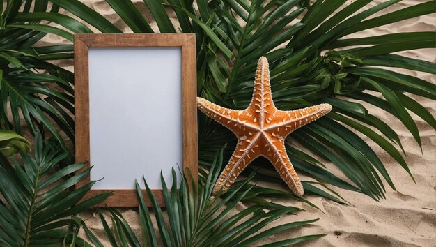 Photo tropical beach frame with starfish and palm leaves