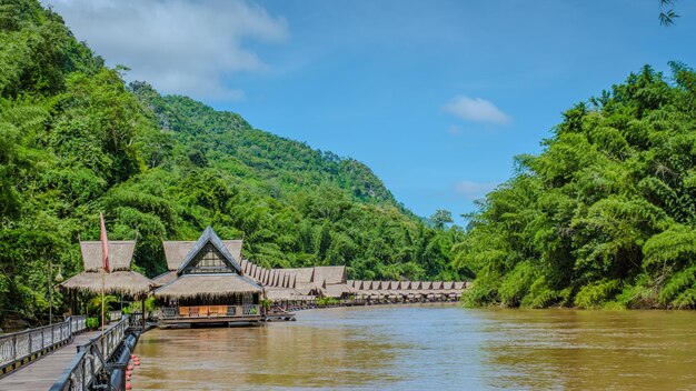 Tropical beach houses on the River Kwai in Thailand