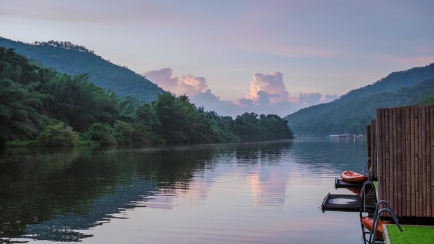 Tropical beach houses on the River Kwai in Thailand